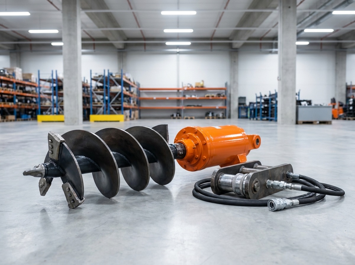 An earth auger drilling attachment and hydraulic quick coupler laid out on a warehouse floor