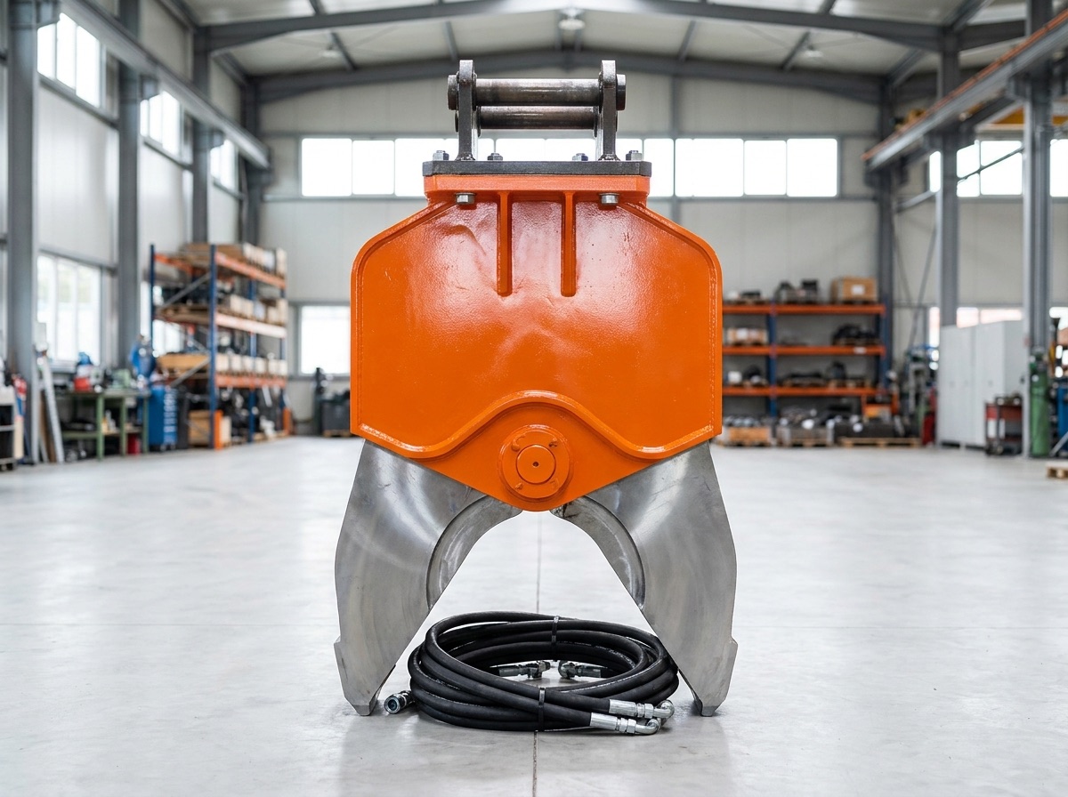 A new orange hydraulic vibratory pile driving hammer attachment standing on a warehouse floor