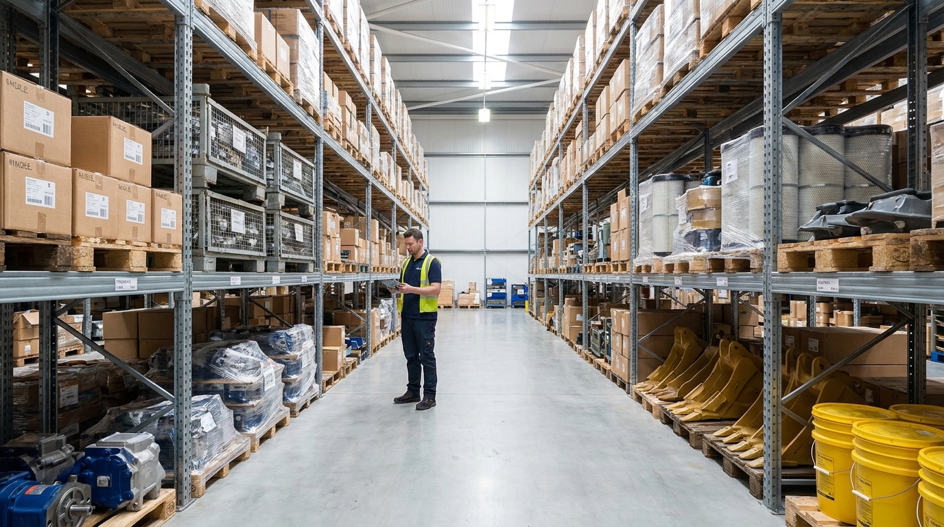 Organised warehouse shelving stacked with spare parts, tool points and wear components